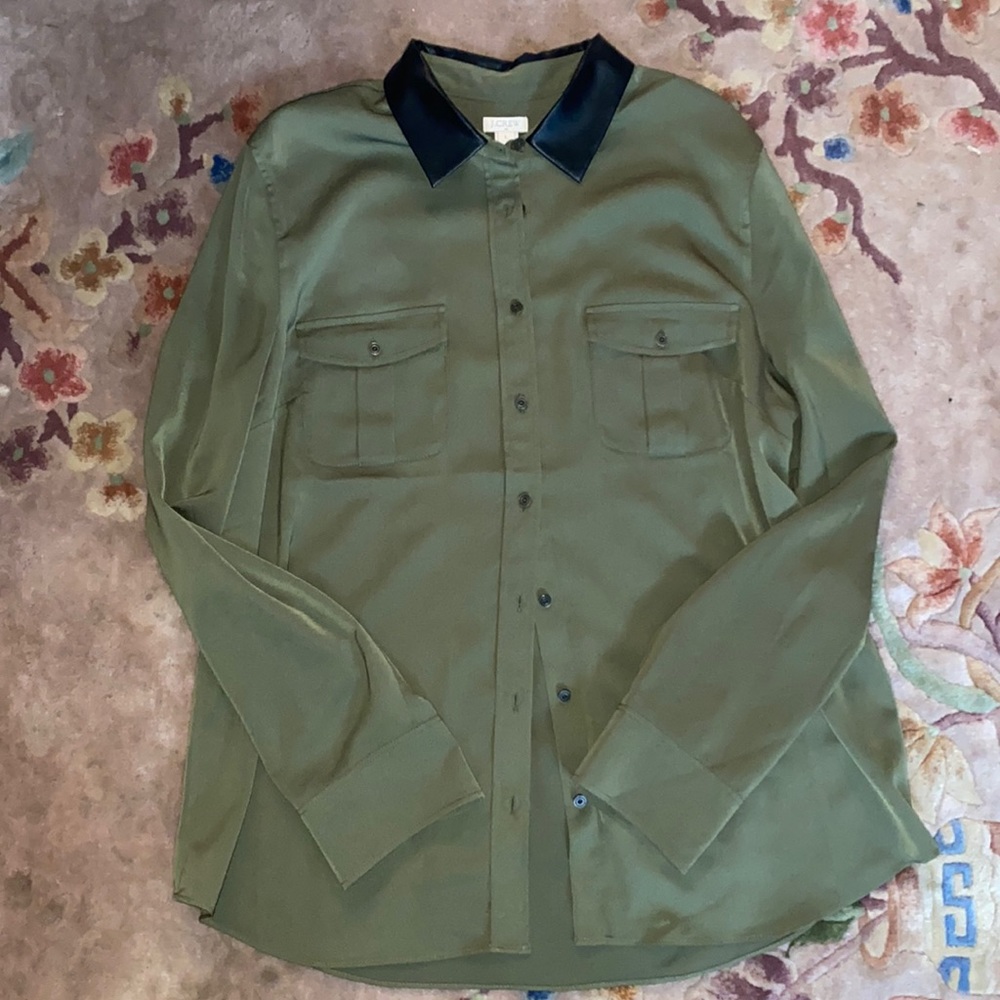 JCrew silky green blouse with black leather faux collar